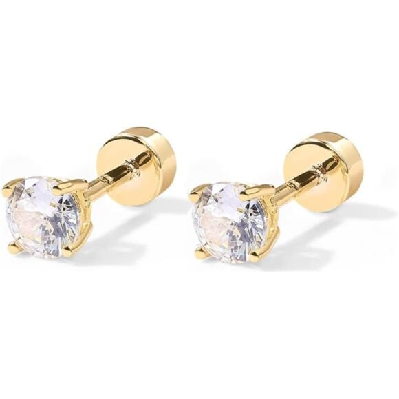 14K Gold Plated Solid 925 Sterling Silver Post Cubic Zirconia Stud Flat Back - Picture 3 of 7